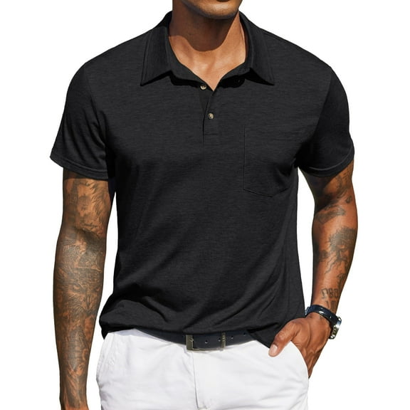 COOFANDY Mens Polo Shirt Casual Short Sleeve Button Collared Polo Golf Shirt Pocket Soild Cotton Tees T Shirt