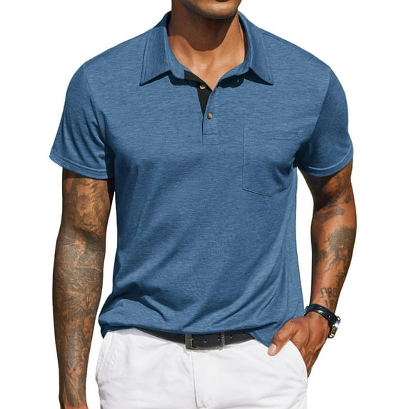 COOFANDY Mens Casual Polo T Shirt Short Sleeve Plaid Button Tees Pockets Golf Classic Basic Cotton Stylish Tops Bue