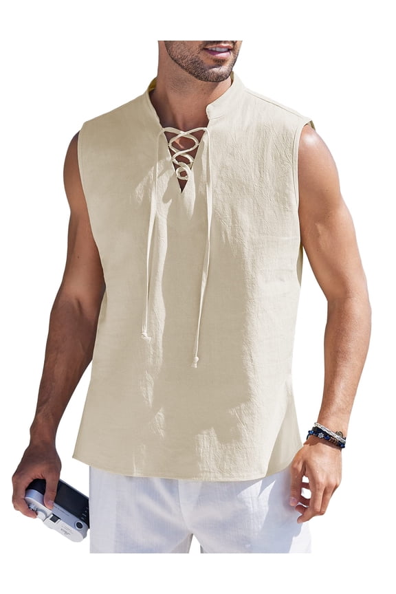 Mens Linen Beach Tank Top Summer Boho Drawstring V Neck Shirt