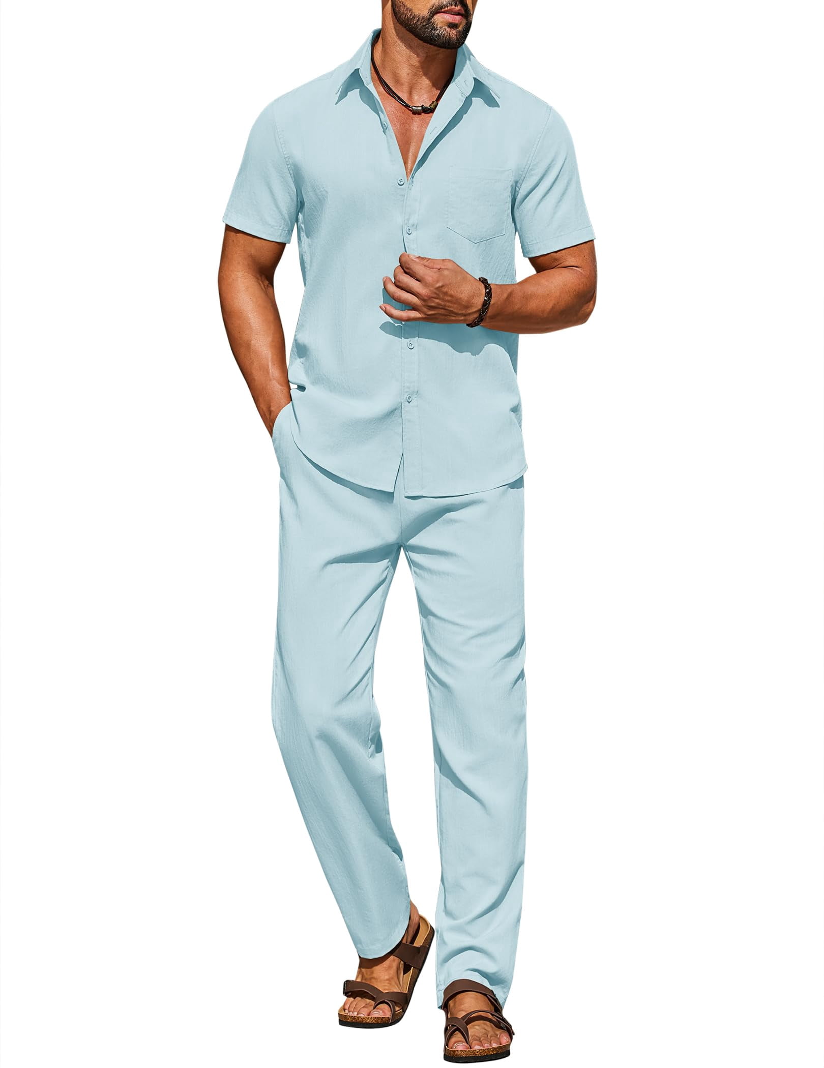 COOFANDY Mens Linen Outfits Summer Beach 2 Piece Outfits Casual ...