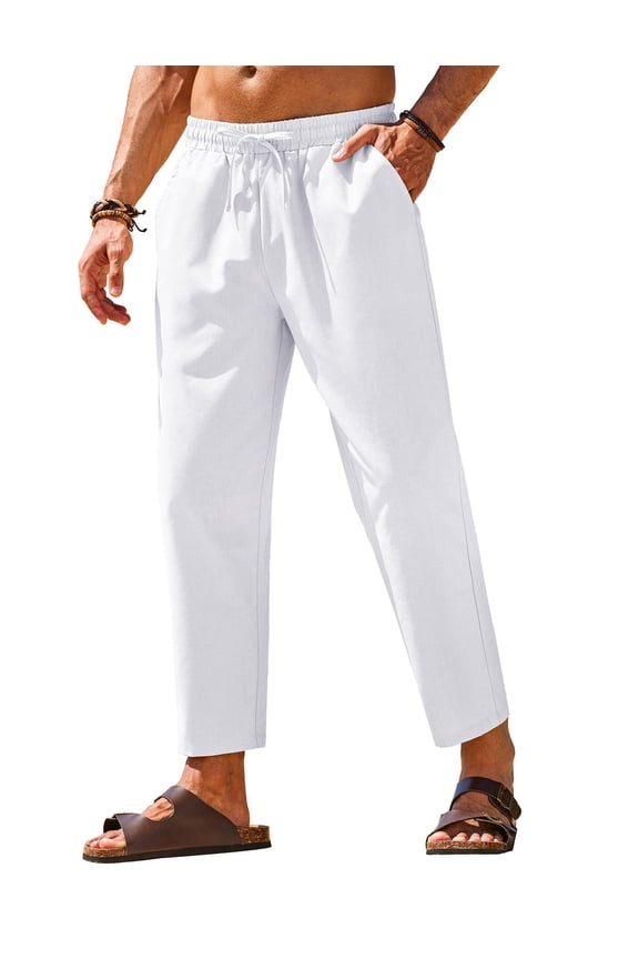 White Linen Pants for Men Summer Lightweight Casual Trousers Yoga Beach Pants