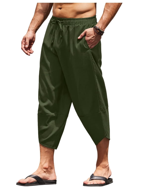 Mens Linen Pants Loose Fit Elastic Waist Drawstring Casual Summer Beach Harem Capri Pants Casual Hippie Trousers Coffee