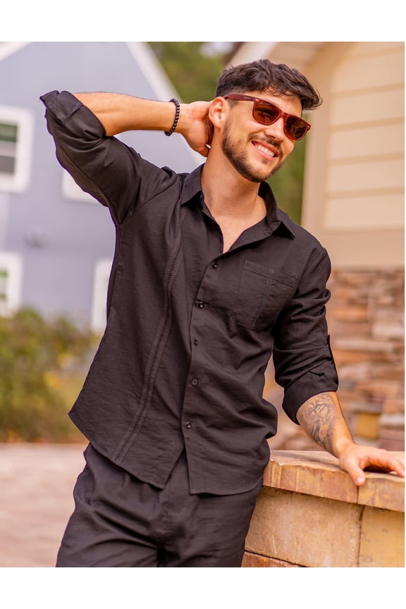 Mens Coordinated Outfit 2 Piece Linen Set Beach Button Down Shirts and Drawstring Waist Pants Sets Summer Yoga