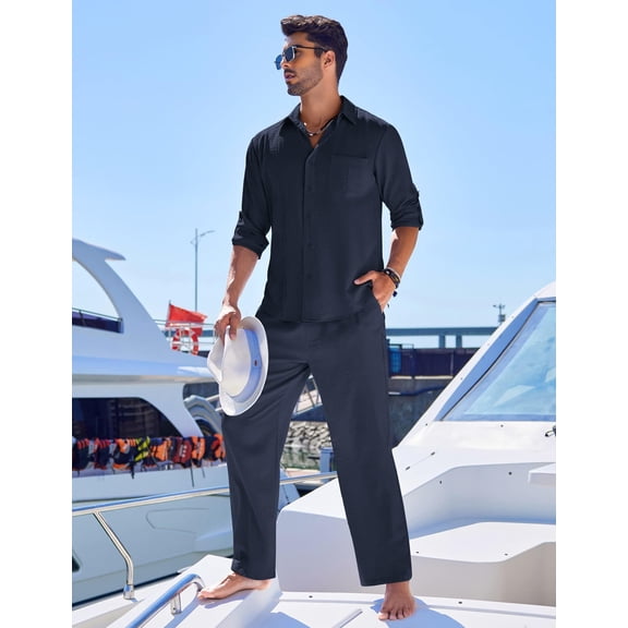 COOFANDY Mens Coordinated Outfit Linen Shirt Pants Beach 2 Pieces Casual Button-Down Sets with Pocket Summer Beach Linen Suits