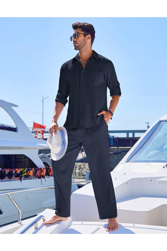 Mens Coordinated Outfit Linen Shirt Pants Beach 2 Pieces Casual Button-Down Sets with Pocket Summer Beach Linen Suits