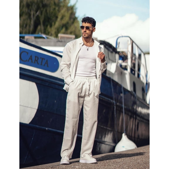 COOFANDY Mens Coordinated Outfit All White Hawaiian Shirt and Linen Pants Sets Casual Beach Linen Sets 2 Piece