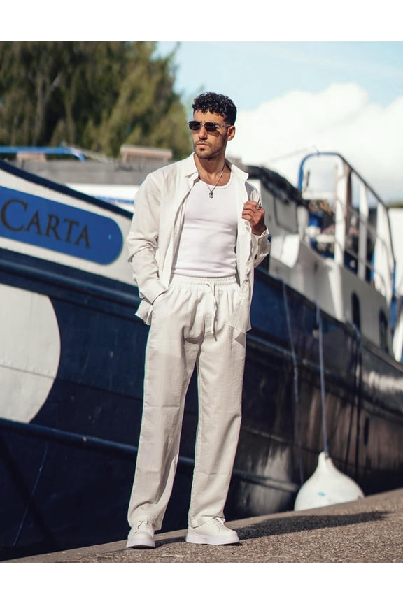 Mens Coordinated Outfit All White Hawaiian Shirt and Linen Pants Sets Casual Beach Linen Sets 2 Piece