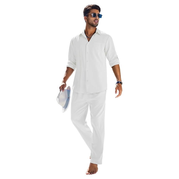 COOFANDY Men's 2 Piece Linen Long Sleeve Button Down Cuban Shirt and Pants Set White XXL