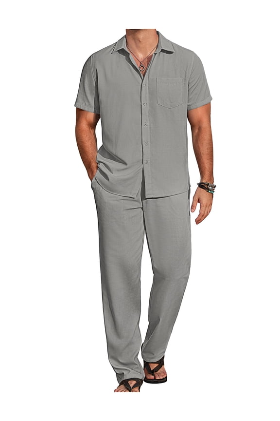 Mens Linen Sets Outfits 2 Piece Short Sleeve Button Down Shirts Summer Beach Pants Resort Wear Outfits