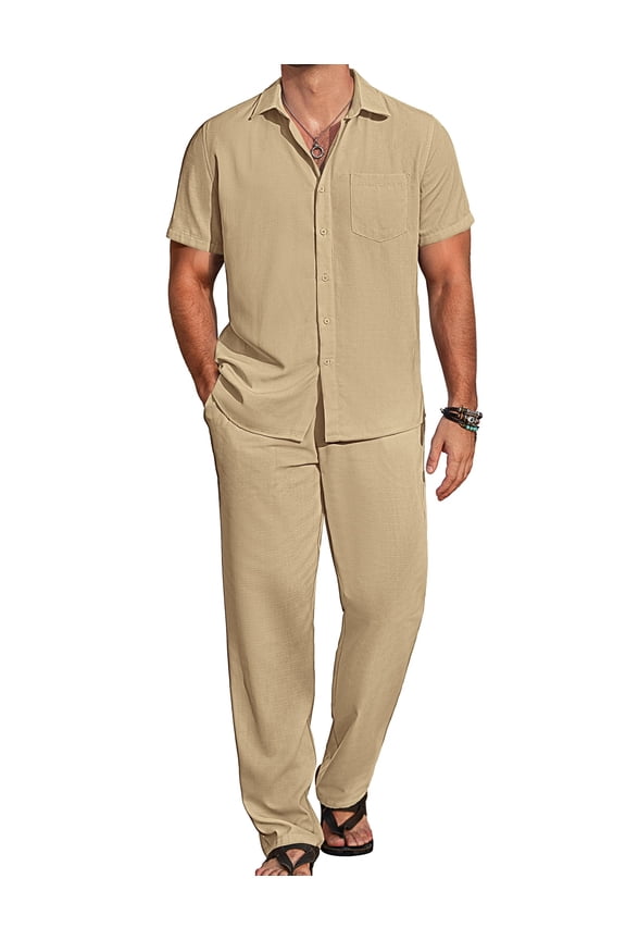 Mens Linen Sets Outfits 2 Piece Short Sleeve Button Down Shirts Summer Beach Pants Resort Wear Outfits