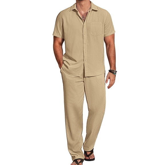 COOFANDY Mens Linen Sets Outfits 2 Piece Short Sleeve Button Down Shirts Summer Beach Pants Resort Wear Outfits