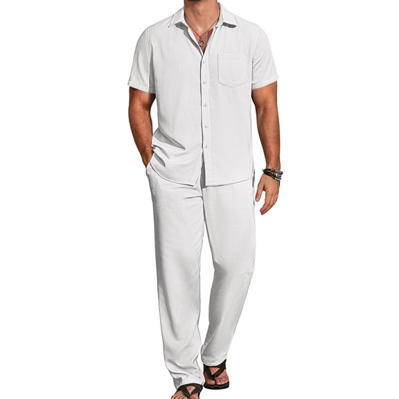 COOFANDY Mens Linen Sets Outfits 2 Piece Short Sleeve Button Down Shirts Summer Beach Pants Resort Wear Outfits
