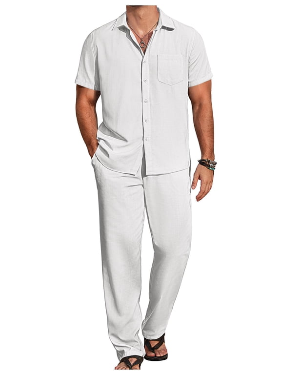 Mens Linen Sets Outfits 2 Piece Short Sleeve Button Down Shirts Summer Beach Pants Resort Wear Outfits