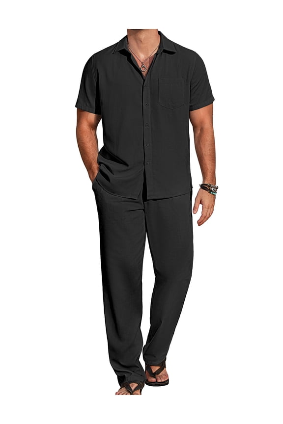 Mens Linen Sets Outfits 2 Piece Short Sleeve Button Down Shirts Summer Beach Pants Resort Wear Outfits