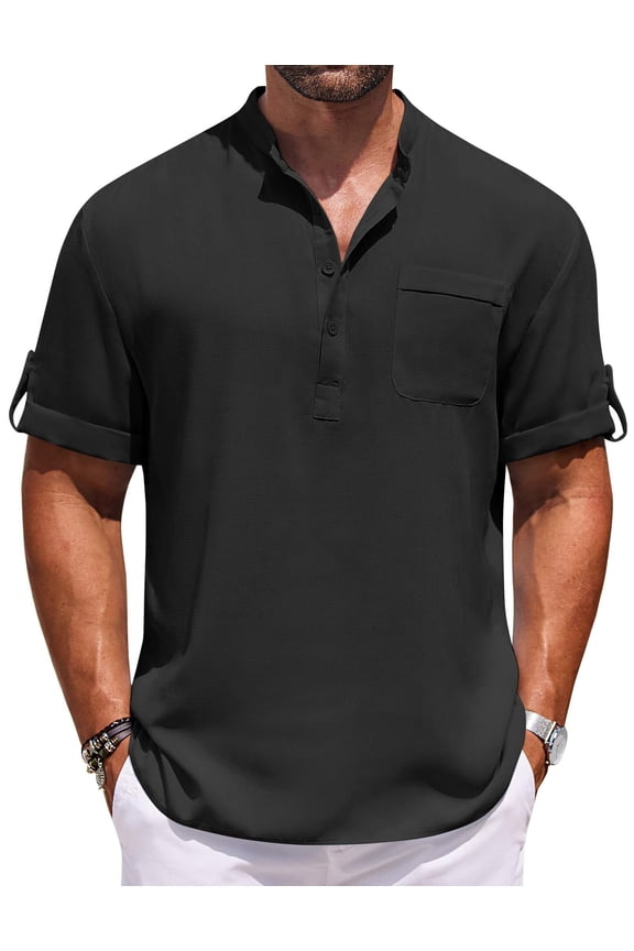 Mens Linen Shirt Summer Band Collar Henley Shirts Short Sleeve Stylish Casual T Shirt Big and Tall Shirts