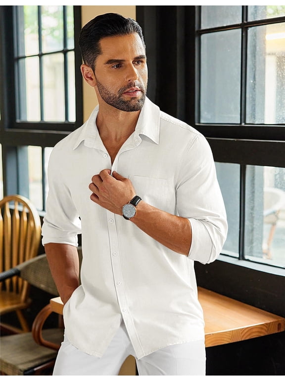 Mens Beach Linen Shirts Casual Button Down Shirts Long Sleeve Untucked Dress Shirts Summer Holiday Wedding Shirt