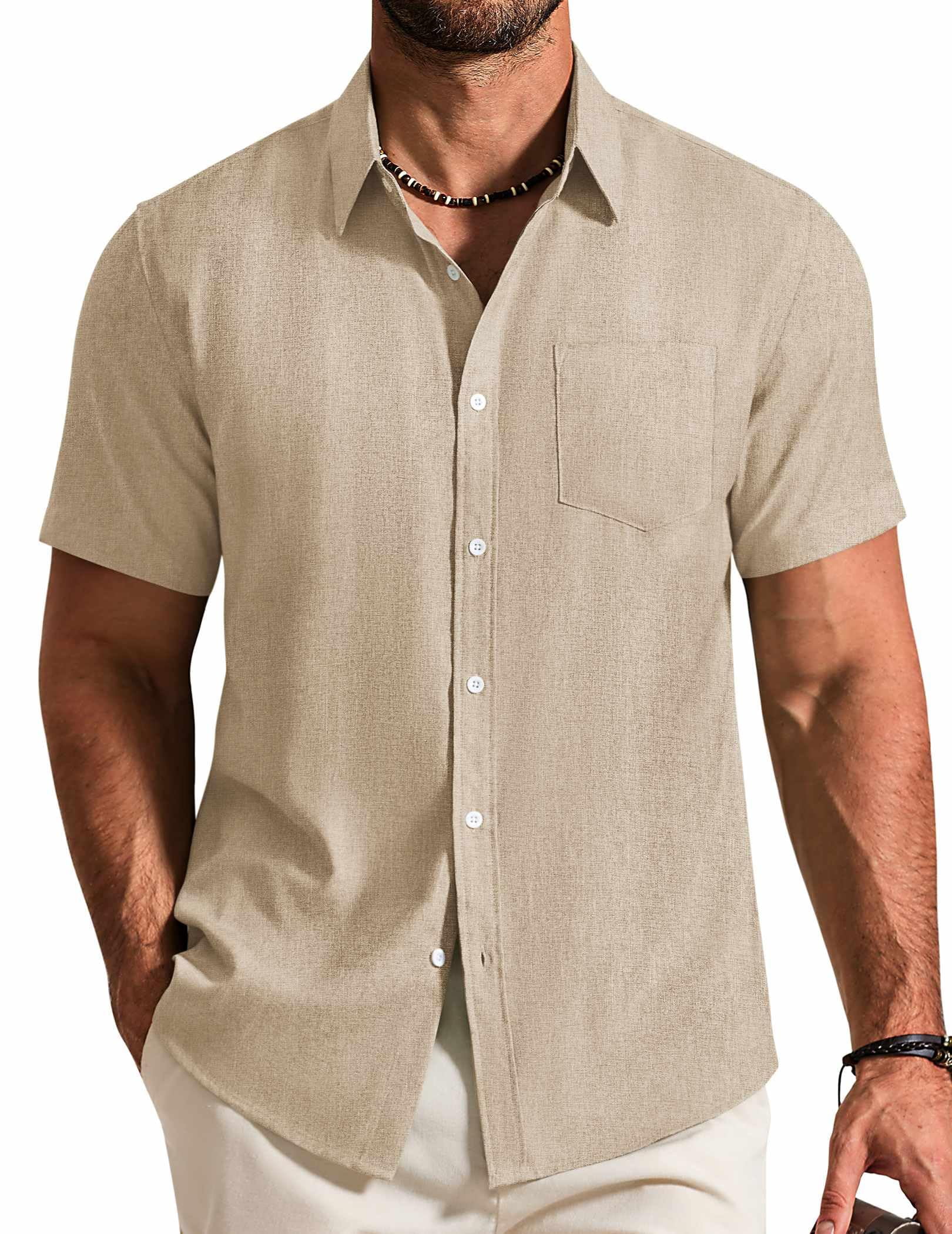 COOFANDY Mens Linen Shirts Short Sleeve Stretch Shirts Beach Summer ...