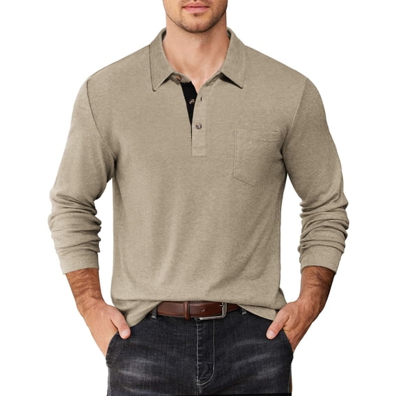 COOFANDY Mens Long Sleeve Dress Polo Shirt Casual Button T Shirt Lightweight Soft Golf Polo Tee Shirt Pocket Winter Khaki L