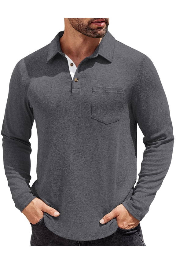 Mens Long Sleeve Polo Shirts Basic Casual Button T-Shirt Lightweight Pullover Shirts Khaki