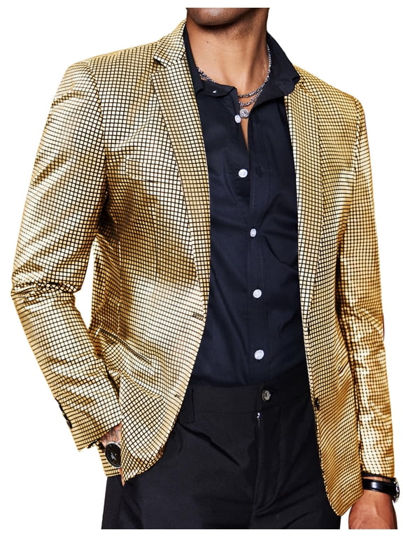 Mens Metallic Jacket Gold Casual Sport Coat Christmas 70s Disco Party Blazer