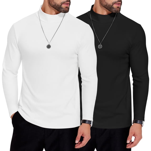 COOFANDY Mens Mock Neck Shirts 2 Pack Fleece Long Sleeve Basic Turtle Neck Shirt