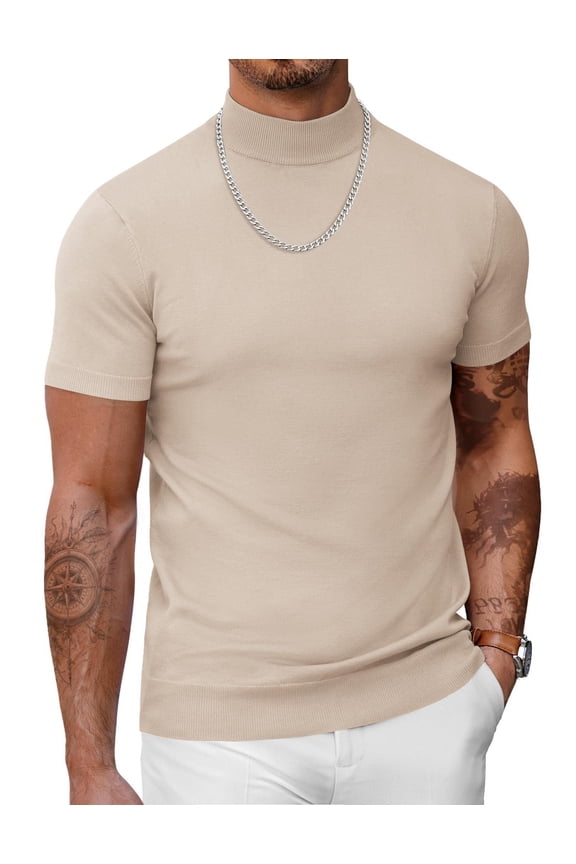 Men's Knit Mock Turtleneck Short Sleeve Casual Dress Sweater Solid Color Pullover Sweater Slim Fit Knitted Basic Tops