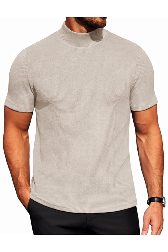 Mens Mock Turtleneck Sweater Short Sleeve Ribbed Knit Turtleneck Slim Fit Casual Sweater Soft