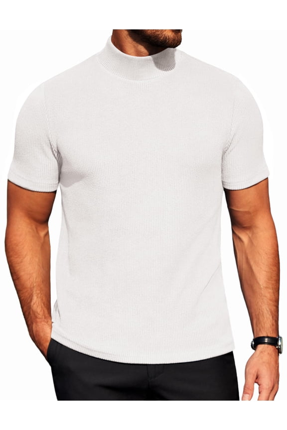 Mens Mock Turtleneck Sweater Short Sleeve Ribbed Knit Turtleneck Slim Fit Casual Sweater Soft