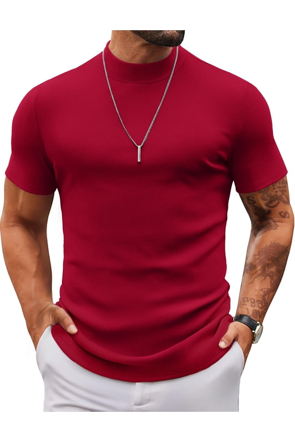 Mens Mock Turtleneck Sweater Short Sleeve Slim Fit Turtle Neck Sweaters Casual Basic Tee Ribbed Knit Pullover Tops