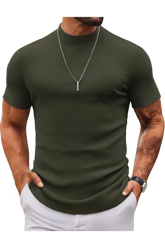 Mens Mock Turtleneck Sweater Short Sleeve Slim Fit Turtle Neck Sweaters Casual Basic Tee Ribbed Knit Pullover Tops