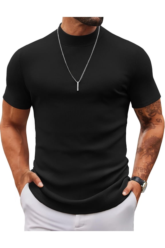 Mens Mock Turtleneck Sweater Short Sleeve Slim Fit Turtle Neck Sweaters Casual Basic Tee Ribbed Knit Pullover Tops