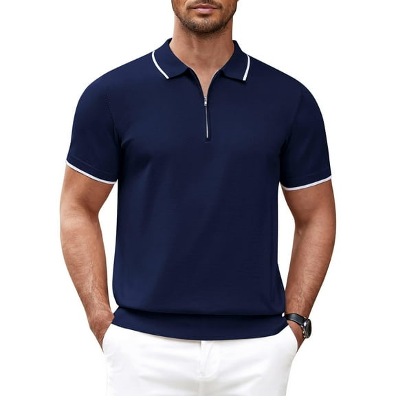 COOFANDY Mens Polo T Shirt Stripe Stretch Casual Quarter Zip Pique T Quick Dry , Short Sleeve