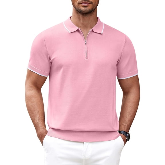 COOFANDY Men's Knit Polo Shirt Short Sleeve Collar Zipper Striped Classic Fit Work Polo Golf T Shirts