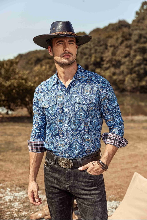 Mens Paisley Printed Shirts Vintage Casual Long Sleeve Button Down Shirts Floral Dress Shirt with 2 Pockets