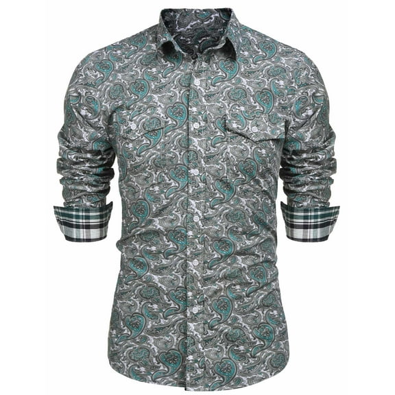 COOFANDY Mens Paisley Printed Shirts Vintage Casual Long Sleeve Button Down Shirts Floral Dress Shirt with 2 Pockets