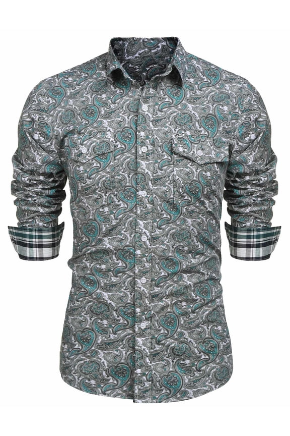 Mens Paisley Printed Shirts Vintage Casual Long Sleeve Button Down Shirts Floral Dress Shirt with 2 Pockets