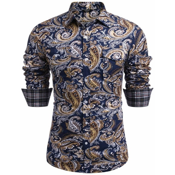 COOFANDY Mens Paisley Printed Shirts Vintage Casual Long Sleeve Button Down Shirts Floral Dress Shirt with 2 Pockets