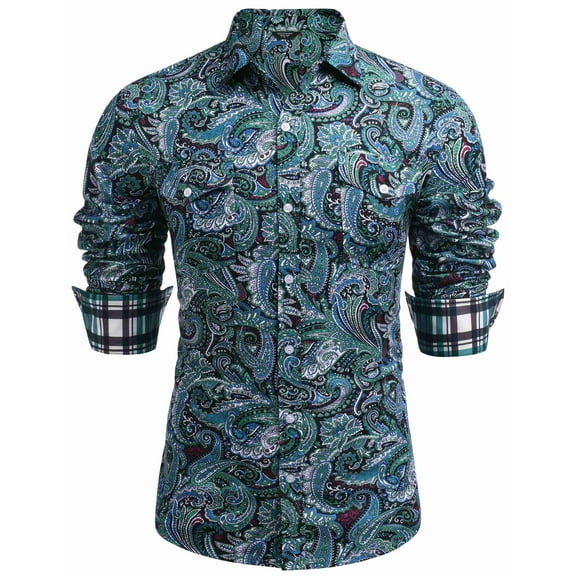 COOFANDY Mens Paisley Printed Shirts Vintage Casual Long Sleeve Button Down Shirts Floral Dress Shirt with 2 Pockets