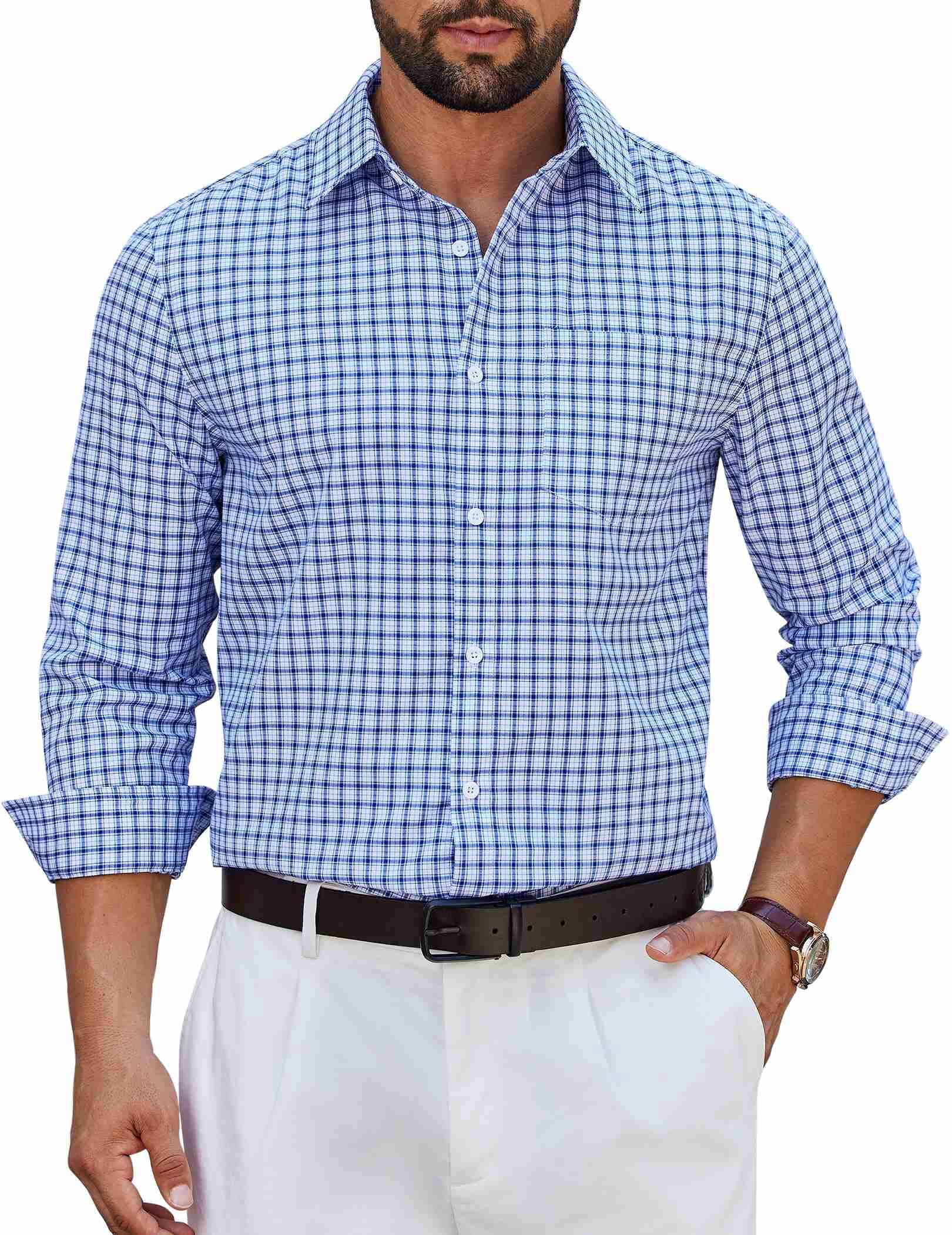 COOFANDY Mens Plaid Button Down Shirt Cotton Long Sleeve Dress Shirts ...