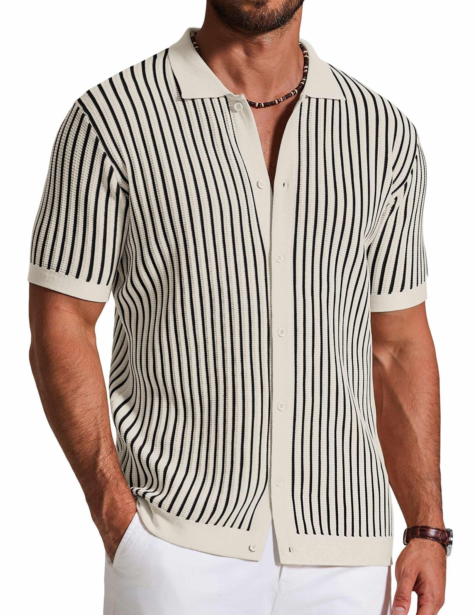 COOFANDY Mens Polo Shirts Retro Stripe Knit Shirt Short Sleeve Button ...