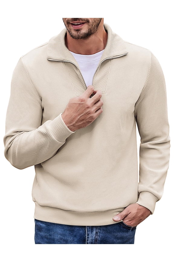 Men's Quarter Mock Neck Zip Up Pullover Slim Fit Mock Neck Long Sleeve Sweaters Casual Corduroy Polo Comfort Golf Sweatshirts