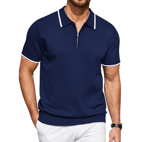 COOFANDY Mens Quarter Zip Polo T Shirt Vintage Striped Lightweight Knitting Golf Workout Classic fit