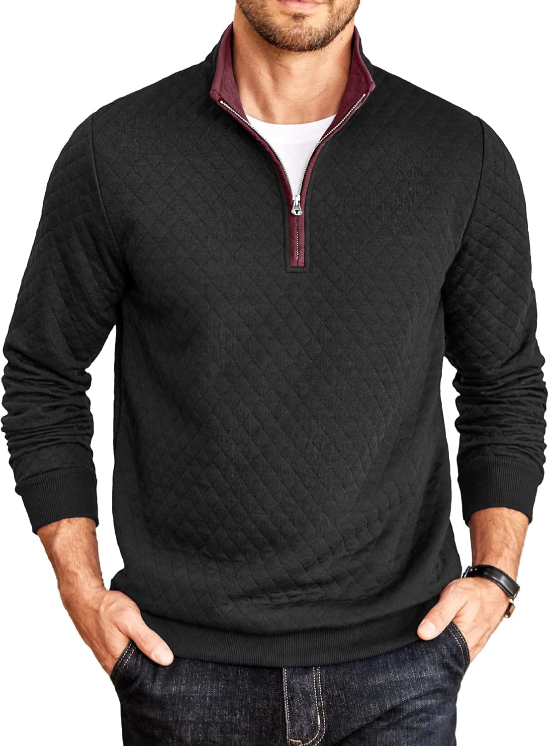 COOFANDY Heren sweatshirts kwart rits sweatshirt lange mouw trui voor heren casual pullover wafel pullover met zak, Donkerblauw, M