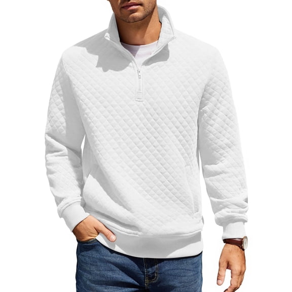 COOFANDY Mens Quarter Zip Pullover Quilted Sweatshirt Knit Long Sleeve Mock Neck Sweater Polo with Pocket
