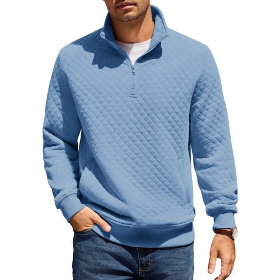 COOFANDY Mens Quarter Zip Pullover Quilted Sweatshirt Knit Long Sleeve Mock Neck Sweater Polo with Pocket