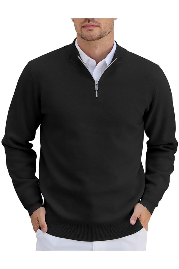 Mens Quarter Zip Sweater Ribbed Knit V Neck Slim Fit Dress Sweater for Fall Winter