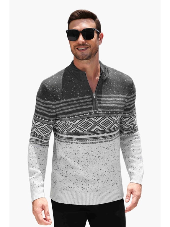 Mens Quarter Zip Pullover Sweaters Casual Slim Fit Knit Texture Sweater Fair Isle Pattern
