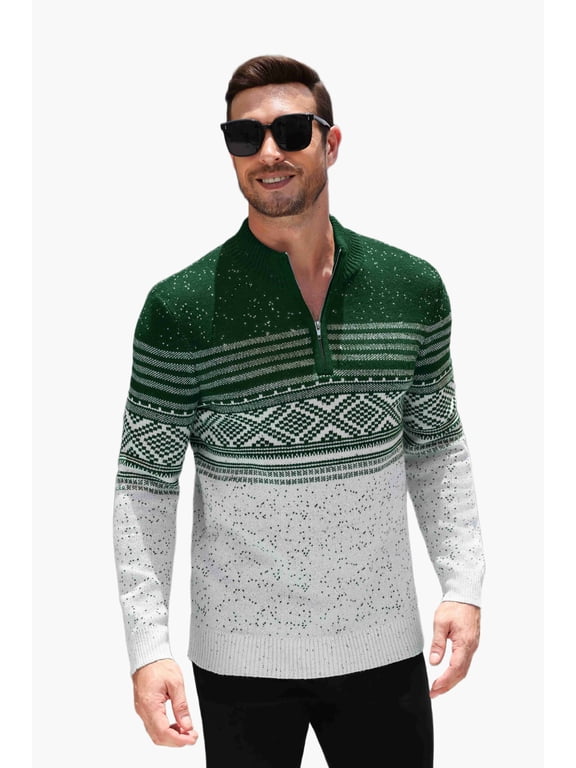 Mens Quarter Zip Pullover Sweaters Casual Slim Fit Knit Texture Sweater Fair Isle Pattern