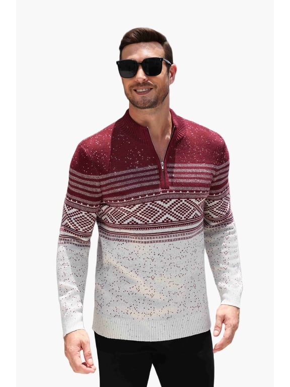 Mens Quarter Zip Pullover Sweaters Casual Slim Fit Knit Texture Sweater Fair Isle Pattern