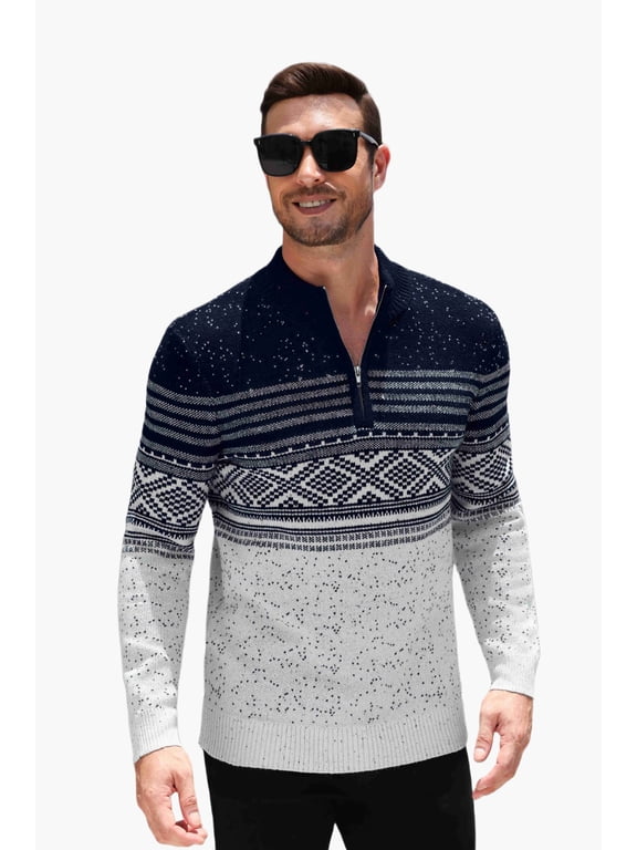 Mens Quarter Zip Pullover Sweaters Casual Slim Fit Knit Texture Sweater Fair Isle Pattern